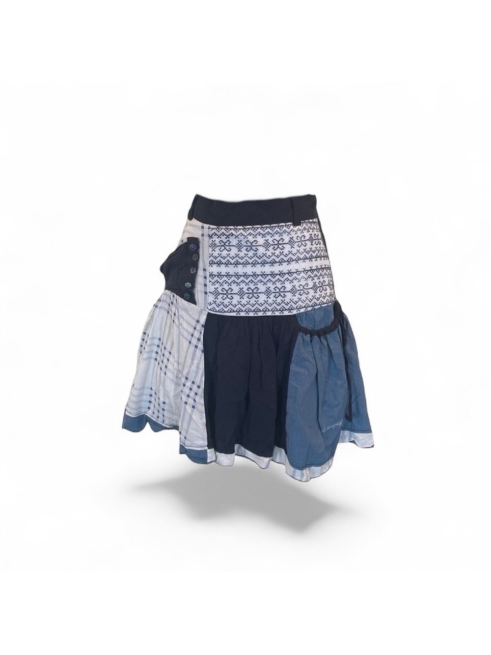 Desigual bohemian blue white patchwork cottagecore prairiecore casual skirt EU36